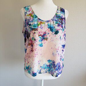 Parker Silk Blouse Artsy Abstract Floral Watercolor Open Back Scoop Neck Size L